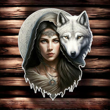 Load image into Gallery viewer, Vintage Wolf and Warrior Princess Metal Wall Sign - Rustic Fantasy Art Decor - Mythical Home Accent - Handcrafted Metalwork-OsirisTradingUK
