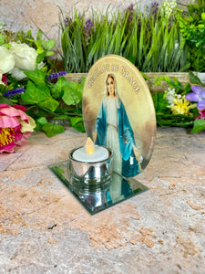 Sacred Our Lady of Grace Glass Candle Holder, Religious Votive Stand, Spiritual Table Decor, Christian Prayer Altar, Blessed Virgin Mary-OsirisTradingUK