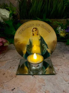 Sacred Our Lady of Grace Glass Candle Holder, Religious Votive Stand, Spiritual Table Decor, Christian Prayer Altar, Blessed Virgin Mary-OsirisTradingUK