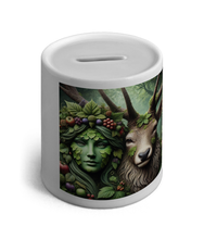 Load image into Gallery viewer, Forest Soul Mates Green Goddess and Stag Wicca Pagan Money Box - Enchanted Forest Art, Spiritual Savings Bank, Mystical Decor
