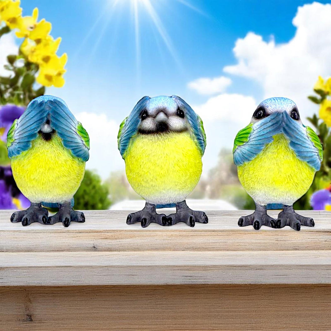 Three Wise Blue Tit Bird Figurines See No, Hear No, Speak No Evil Set Ornaments