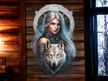 Load image into Gallery viewer, Enchanted Forest Sentinel Metal Wall Sign - Mystical Wolf and Warrior Woman Art, Ethereal Fantasy Realm Decor-OsirisTradingUK
