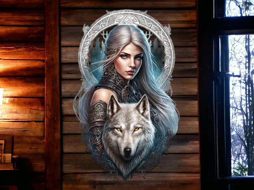 Enchanted Forest Sentinel Metal Wall Sign - Mystical Wolf and Warrior Woman Art, Ethereal Fantasy Realm Decor-OsirisTradingUK