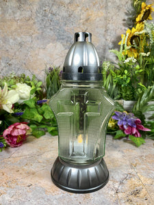 Handmade Glass Grave Candle Holder with Cross Design, Eternal Light Memorial, Spiritual Cemetery Decor, Sacral Vigil Light