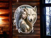 Load image into Gallery viewer, Enchanting Wolf &amp; Warrior Woman Wall Art - Mystical White Wolf Guardian Decor - Ethereal Female Spirit Metal Wall Sign - Fantasy Home Decor
