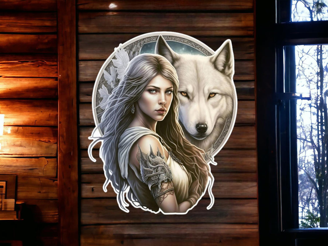 Enchanting Wolf & Warrior Woman Wall Art - Mystical White Wolf Guardian Decor - Ethereal Female Spirit Metal Wall Sign - Fantasy Home Decor