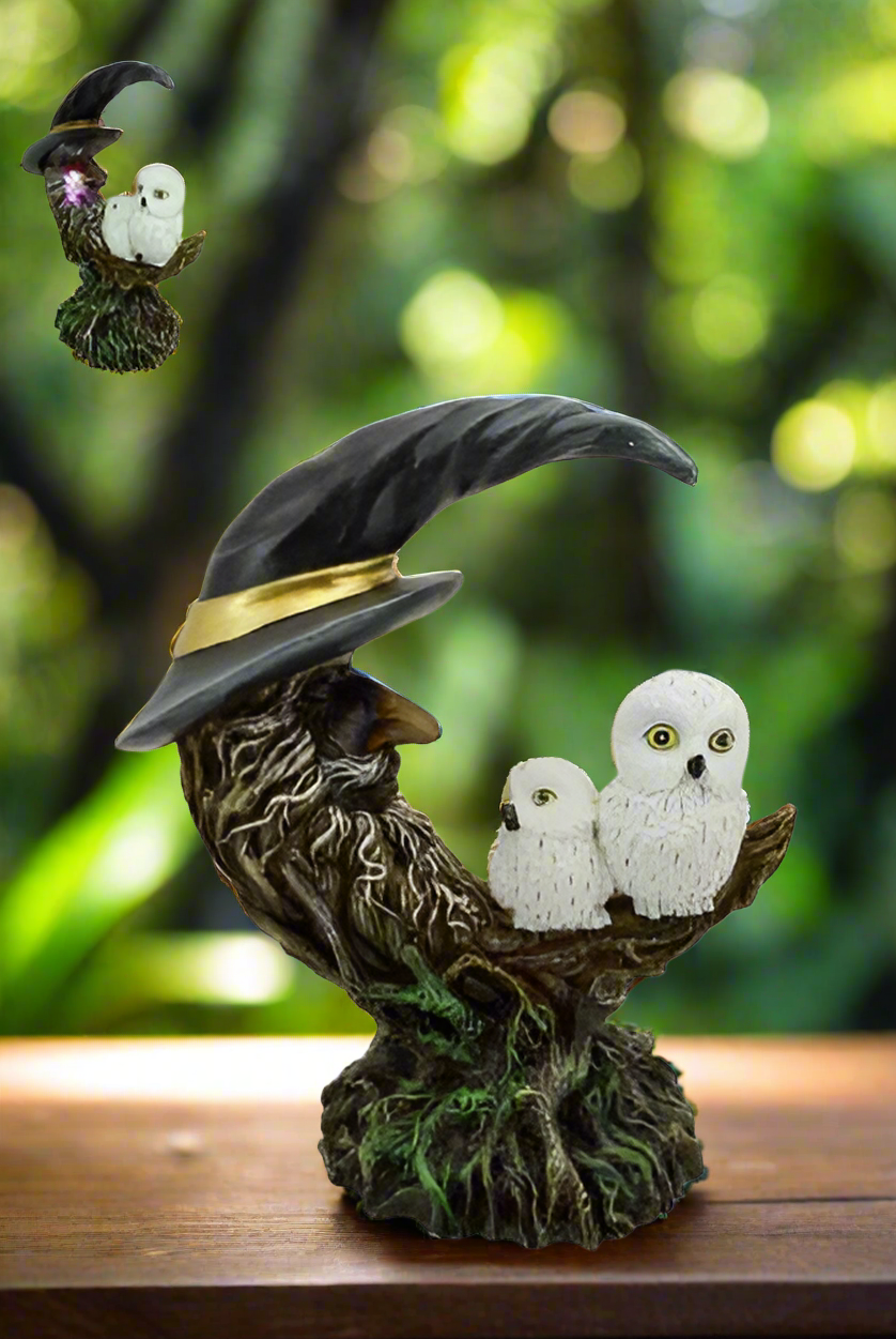Magical Owl and Tree Man Sculpture with LED Light - Witch Hat Design, Enchanting Home Decor 18cm