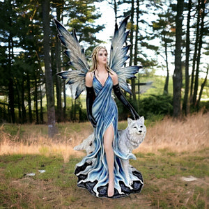 Celestial Wolf Guardian Fairy Statue, Majestic Ice Sculpture, Ethereal Fantasy Decor, Arctic Blue Winged Fae, Mystical Protector Figurine-OsirisTradingUK