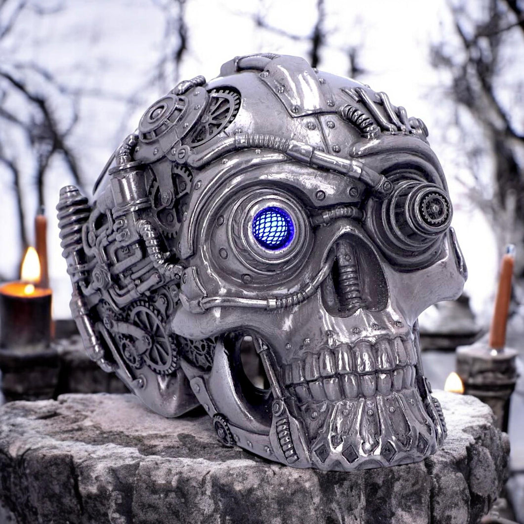 Gothic Cyberpunk Silver Skull Figurine Mechanical Detailing  Steampunk Ornament