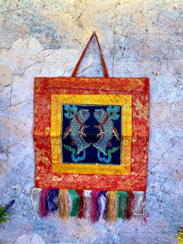 Tibetan Double Golden Fish Silk Brocade Wall Decor, Auspicious Symbol, Spiritual Meditation Art, Traditional Tapestry, 36x23cm-OsirisTradingUK