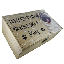 Load image into Gallery viewer, Tasty Treats Wooden Box for a Special Pug – Dog Treat Storage, Christmas Pet Gift, Wooden Pet Treat Box for Dog Lovers
