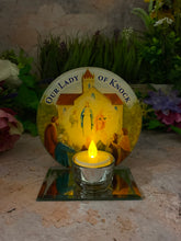 Load image into Gallery viewer, Irish Our Lady of Knock Glass Votive Light Holder, Handmade Marian Devotional Candle, Spiritual Irish Shrine Decor, Religious Table Accent
