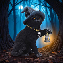 Load image into Gallery viewer, Fantasy Witch Cat Figurine Gothic Cat Familiar Lantern &amp; Skull Necklace Statue
