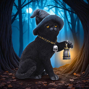 Fantasy Witch Cat Figurine Gothic Cat Familiar Lantern & Skull Necklace Statue