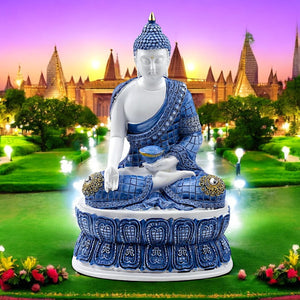 Elegant White & Blue Buddha Ornament - Lotus Pose Meditation Decor 26.5cm