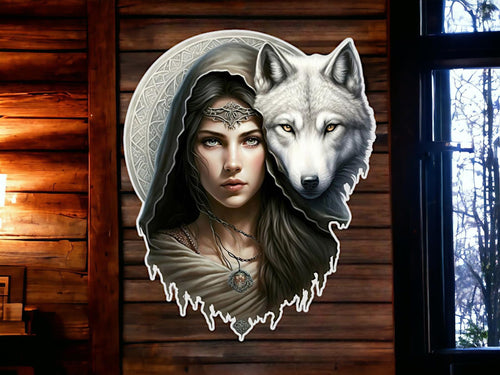 Vintage Wolf and Warrior Princess Metal Wall Sign - Rustic Fantasy Art Decor - Mythical Home Accent - Handcrafted Metalwork-OsirisTradingUK