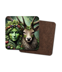 Set of 4 Forest Soul Mates Hardboard Coasters - 9x9 cm Eco-Friendly Nature-Themed Drink Coasters - Stag and Green Woman Art Coasters - Woodland Decor