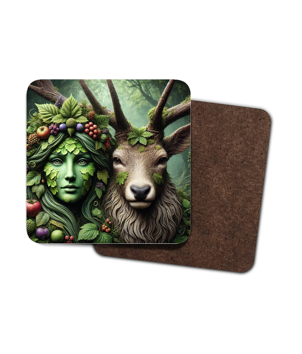 Set of 4 Forest Soul Mates Hardboard Coasters - 9x9 cm Eco-Friendly Nature-Themed Drink Coasters - Stag and Green Woman Art Coasters - Woodland Decor