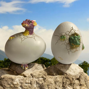 Set of 2 Dragon Egg Hatchlings Figurines – Purple & Green Baby Dragons Breaking Through Shells