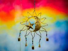 Load image into Gallery viewer, Celestial Harmony Metal Sun and Moon Wall Hanging with Cascading Bells - Artisanal Cosmic Decor with Beaded Accents for Home and Garden-OsirisTradingUK
