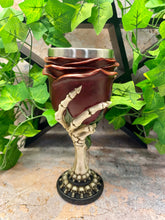 Load image into Gallery viewer, Skeleton Hand &amp; Rose Halloween Goblet - Gothic Resin Statue with Stainless Steel Insert - Skull-Ornated Base, Unique Drinking Vessel
