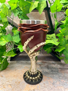 Skeleton Hand & Rose Halloween Goblet - Gothic Resin Statue with Stainless Steel Insert - Skull-Ornated Base, Unique Drinking Vessel