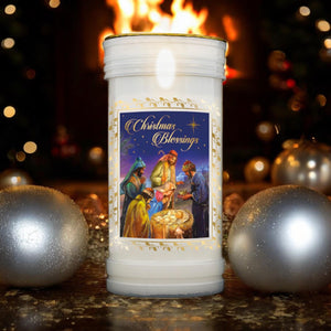 Christmas Blessings Nativity Pillar Candle with Gold Foil – 14x6cm Christmas Decor, Festive Holy Family Scene Candlelight, Religious Holiday Ornament