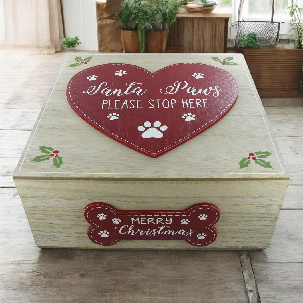 Festive Christmas Dog Treat Box | Santa Paws Wooden Pet Snack Storage Container 23cm for Holiday Décor