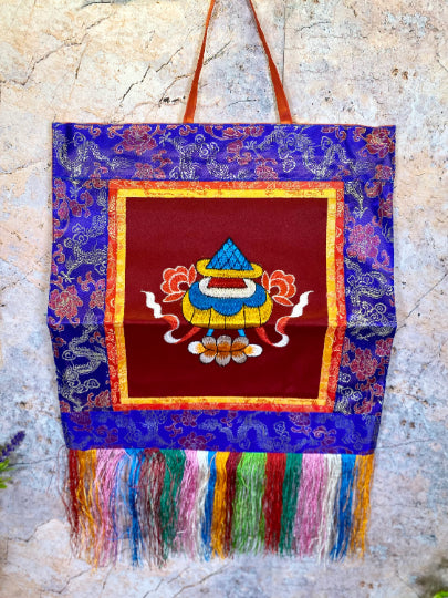 Tibetan Victory Banner, Embroidered Brocade Silk & Cotton Wall Hanging, Traditional Spiritual Decor, Meditation Art, 27x41cm-OsirisTradingUK