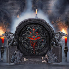 Load image into Gallery viewer, Diablo IV Hell&#39;s Gate Box Gothic Fantasy Storage with Wolves and Red Glowing Door
