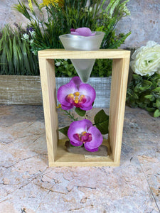 Elegant Orchid Artificial Flower Arrangement with Wooden Candle Holder - 19 cm Tall-OsirisTradingUK