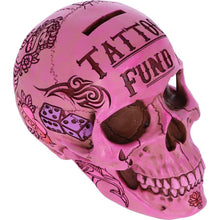 Load image into Gallery viewer, Pink Gothic Tattoo Skull Money Box | Resin Skull Coin Bank | Tattoo Fund Gift Box
