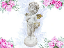 Load image into Gallery viewer, Elegant Cherub with Golden Rose Basket Statue, Artisanal Cherub Sculpture, Heavenly Floral Decor, Angelic Figurine, Unique Handcrafted Gift-OsirisTradingUK
