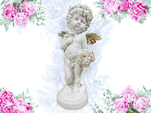 Elegant Cherub with Golden Rose Basket Statue, Artisanal Cherub Sculpture, Heavenly Floral Decor, Angelic Figurine, Unique Handcrafted Gift-OsirisTradingUK