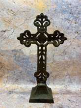Load image into Gallery viewer, Vintage Cast Iron Cross Stand, 28cm – Ornate Religious Home Decor Accent with Antique Charm
