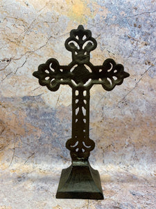 Vintage Cast Iron Cross Stand, 28cm – Ornate Religious Home Decor Accent with Antique Charm