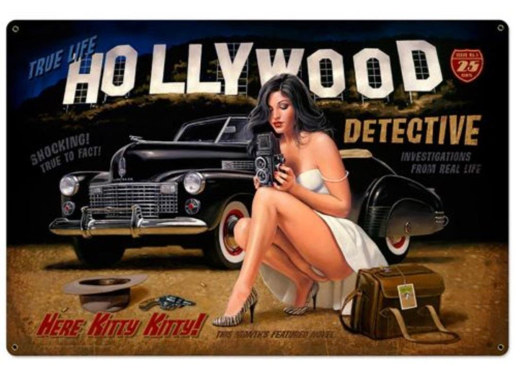 Retro Hollywood Detective Pin Up Girl Metal Sign Vintage Style Wall Decoration Man Cave Garage Shed