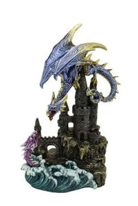 Statue de dragon majestueuse avec château - Sculpture en résine fantaisie fabriquée à la main - 27x20 cm - Cadeau unique pour les amoureux des dragons