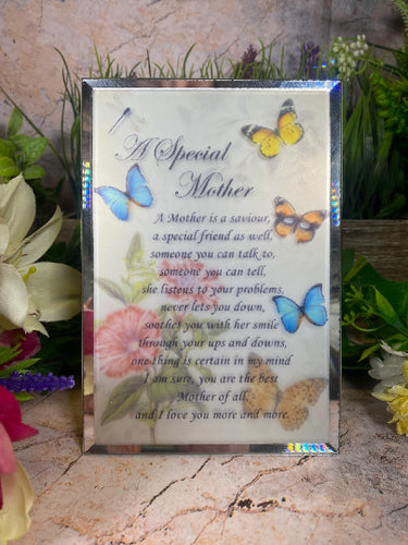 Mother's Love Butterfly Glass Plaque, Sentimental Poem Display, Freestanding Glass Tribute, Heartwarming Gift for Mom, Mother's Day Keepsake-OsirisTradingUK