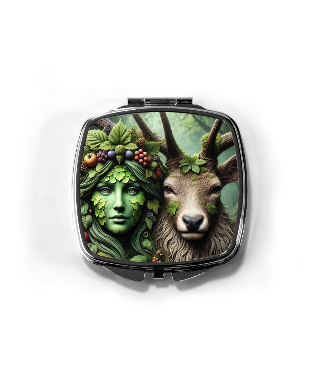 Elegant Compact Mirror with Forest Soul Mates Design - 6.7x7.5 cm - Portable Makeup Mirror for Handbag, Pocket or Cosmetic Bag