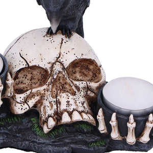 Gothic Skull Candle Holder with Raven - Dark Home Decor Ornament 15cm