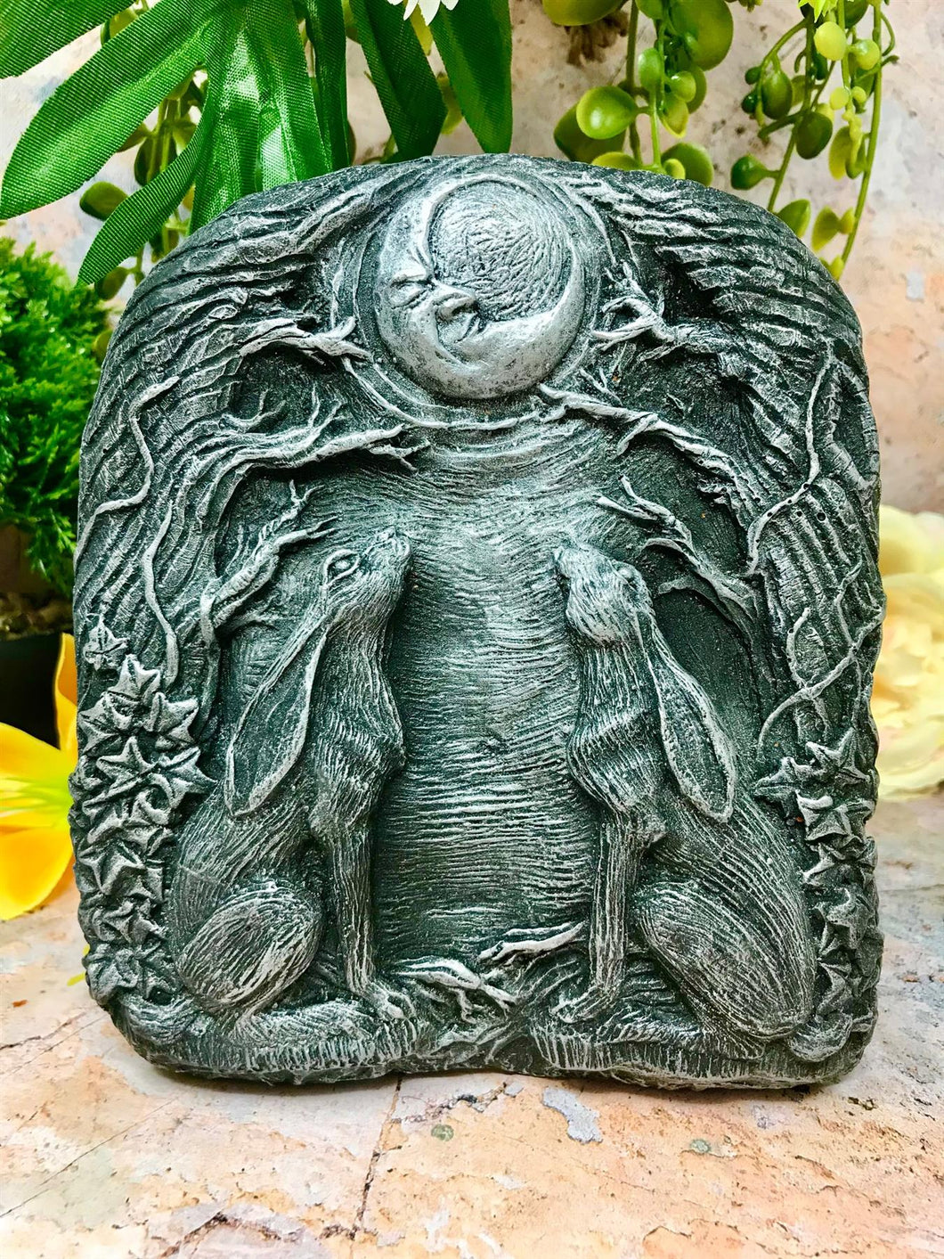 Silver Effect Magical Moon Hares Wall Plaque Pagan Statue Moongazing Wiccan Sculpture Ornament-OsirisTradingUK