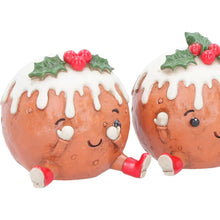 Laden Sie das Bild in den Galerie-Viewer, Christmas Pudding Figurine Set 3 See Hear Speak No Evil Cute Festive Shelf Decor
