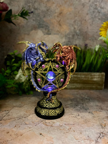 Dual Dragons on Pentagram Stand | Mystical Blue & Red Guardians | Celtic-Inspired Decor | Gem-Embellished Talisman-OsirisTradingUK