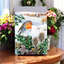 Load image into Gallery viewer, &quot;Robin Snowy Fields Ceramic Wall Art Tile by R. Fathers 30x20 cm – Winter Wildlife Decor, Christmas Robin Gift&quot;
