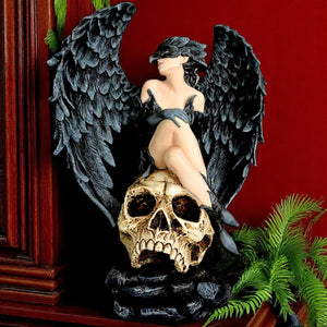Gothic Winged Bird Masked Raven Angel Figurine on Skull Dark Fantasy Sculpture