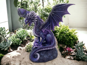 Enchanted Amethyst Dragon Duo Sculpture - Majestic Purple Figurine - Mystical Fantasy Art Resin Statue - Whimsical Creature Home Decor
