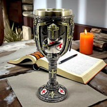Load image into Gallery viewer, Medieval Knight Goblet with Shield and Sword Crusader Chalice Resin Fantasy Gift
