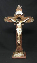 Load image into Gallery viewer, Osiris Trading UK Freestanding Gold Effect Crucifix Hanging Cross Resin Corpus Christi Jesus Christ Religious Wall Ornament

