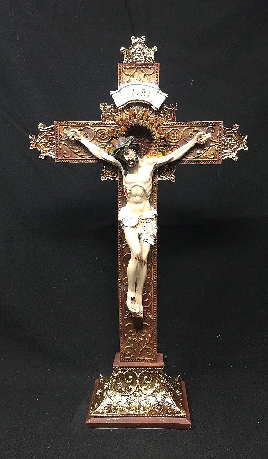Osiris Trading UK Freestanding Gold Effect Crucifix Hanging Cross Resin Corpus Christi Jesus Christ Religious Wall Ornament